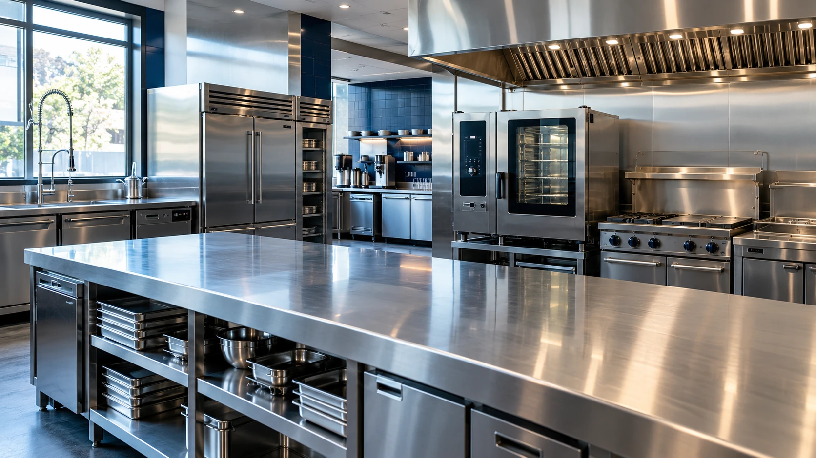 Illustrative modern commercial kitchen with cooking, refrigeration, preparation and beverage equipment
