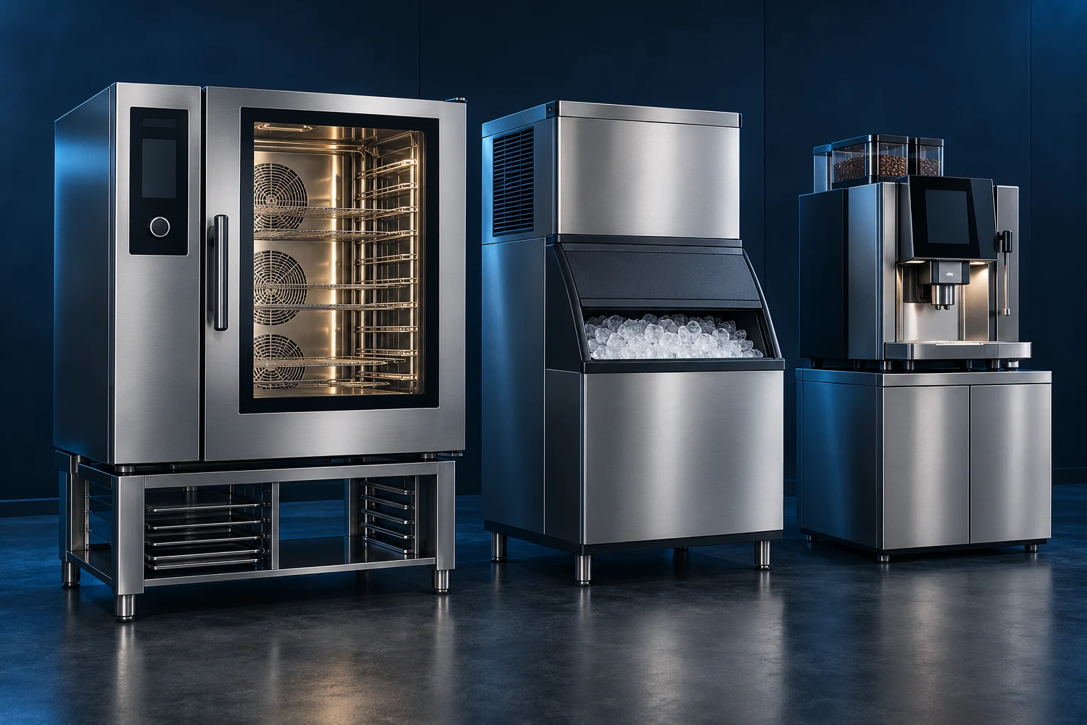 Illustrative commercial combi oven, ice machine and coffee system in a stainless steel equipment showroom